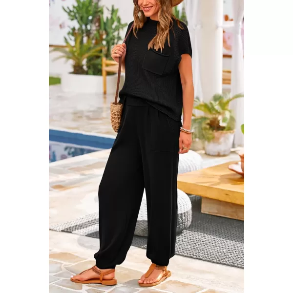 PRETTYGARDEN Womens Two Piece Outfits Sweater Sets Knit Pullover Tops And High Waisted Pants Matching Tracksuit Sweatsuit SetBlack