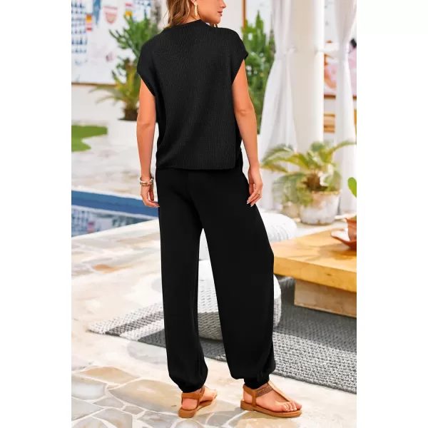 PRETTYGARDEN Womens Two Piece Outfits Sweater Sets Knit Pullover Tops And High Waisted Pants Matching Tracksuit Sweatsuit SetBlack