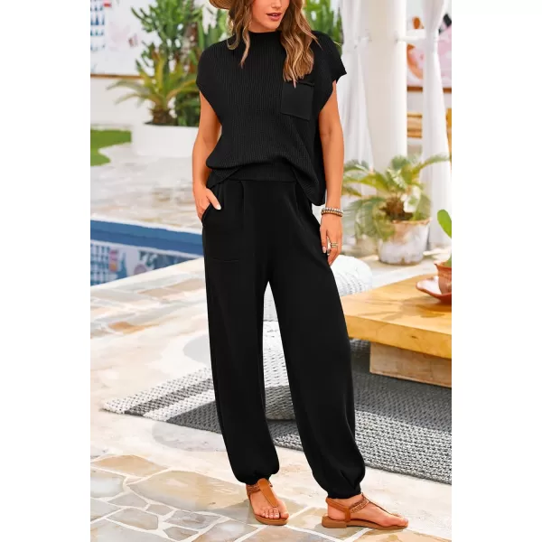PRETTYGARDEN Womens Two Piece Outfits Sweater Sets Knit Pullover Tops And High Waisted Pants Matching Tracksuit Sweatsuit SetBlack