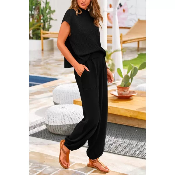PRETTYGARDEN Womens Two Piece Outfits Sweater Sets Knit Pullover Tops And High Waisted Pants Matching Tracksuit Sweatsuit SetBlack