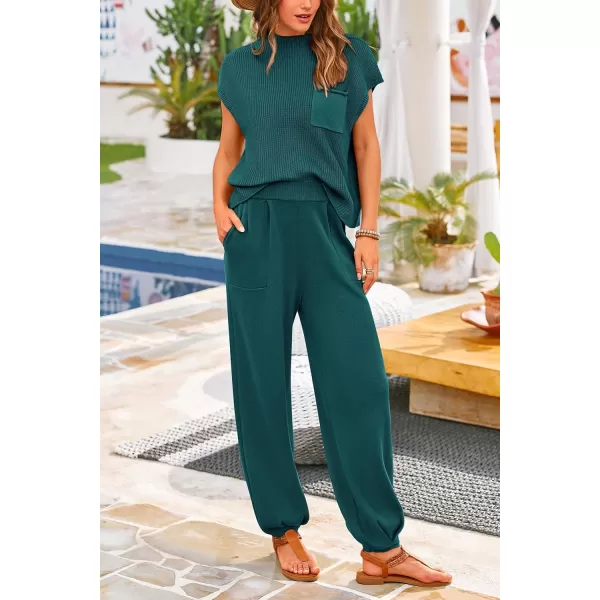 PRETTYGARDEN Womens Two Piece Outfits Sweater Sets Knit Pullover Tops And High Waisted Pants Matching Tracksuit Sweatsuit SetBlue Green