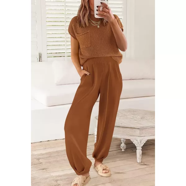 PRETTYGARDEN Womens Two Piece Outfits Sweater Sets Knit Pullover Tops And High Waisted Pants Matching Tracksuit Sweatsuit SetBrown