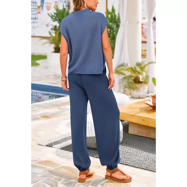 PRETTYGARDEN Womens Two Piece Outfits Sweater Sets Knit Pullover Tops And High Waisted Pants Matching Tracksuit Sweatsuit SetDark Blue
