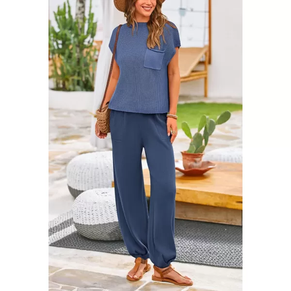 PRETTYGARDEN Womens Two Piece Outfits Sweater Sets Knit Pullover Tops And High Waisted Pants Matching Tracksuit Sweatsuit SetDark Blue