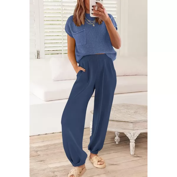 PRETTYGARDEN Womens Two Piece Outfits Sweater Sets Knit Pullover Tops And High Waisted Pants Matching Tracksuit Sweatsuit SetDark Blue