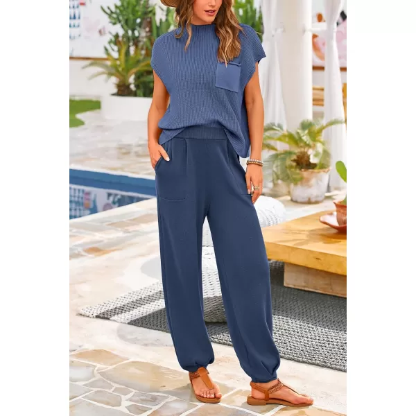 PRETTYGARDEN Womens Two Piece Outfits Sweater Sets Knit Pullover Tops And High Waisted Pants Matching Tracksuit Sweatsuit SetDark Blue
