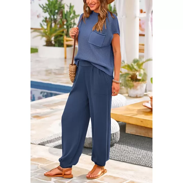 PRETTYGARDEN Womens Two Piece Outfits Sweater Sets Knit Pullover Tops And High Waisted Pants Matching Tracksuit Sweatsuit SetDark Blue