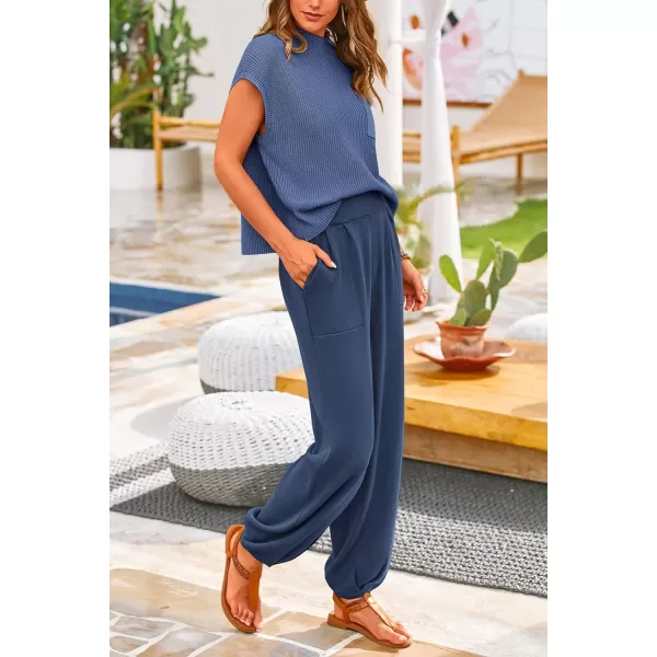 PRETTYGARDEN Womens Two Piece Outfits Sweater Sets Knit Pullover Tops And High Waisted Pants Matching Tracksuit Sweatsuit SetDark Blue