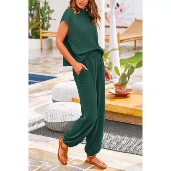 PRETTYGARDEN Womens Two Piece Outfits Sweater Sets Knit Pullover Tops And High Waisted Pants Matching Tracksuit Sweatsuit SetDark Green