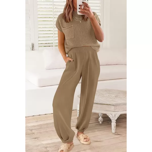 PRETTYGARDEN Womens Two Piece Outfits Sweater Sets Knit Pullover Tops And High Waisted Pants Matching Tracksuit Sweatsuit SetKhaki