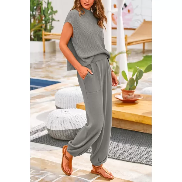 PRETTYGARDEN Womens Two Piece Outfits Sweater Sets Knit Pullover Tops And High Waisted Pants Matching Tracksuit Sweatsuit SetLight Grey