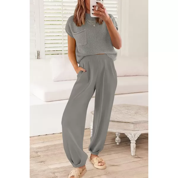 PRETTYGARDEN Womens Two Piece Outfits Sweater Sets Knit Pullover Tops And High Waisted Pants Matching Tracksuit Sweatsuit SetLight Grey