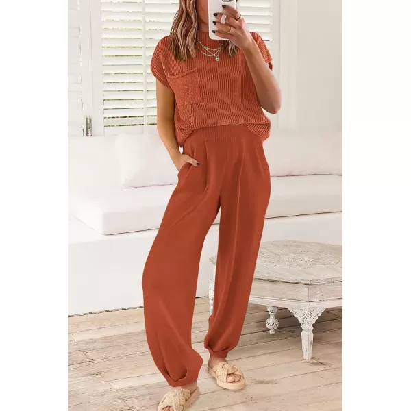 PRETTYGARDEN Womens Two Piece Outfits Sweater Sets Knit Pullover Tops And High Waisted Pants Matching Tracksuit Sweatsuit SetRust Red