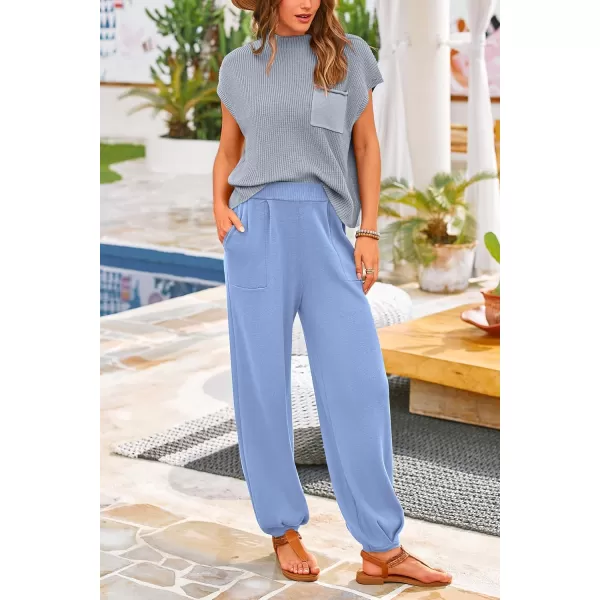 PRETTYGARDEN Womens Two Piece Outfits Sweater Sets Knit Pullover Tops And High Waisted Pants Matching Tracksuit Sweatsuit SetSky Blue