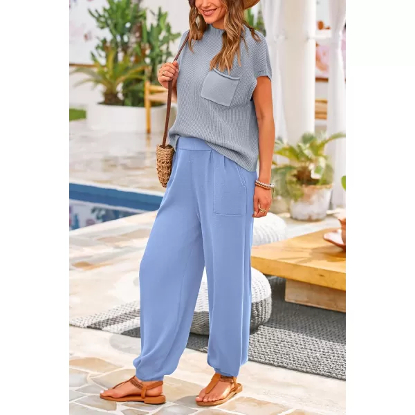 PRETTYGARDEN Womens Two Piece Outfits Sweater Sets Knit Pullover Tops And High Waisted Pants Matching Tracksuit Sweatsuit SetSky Blue