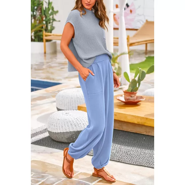 PRETTYGARDEN Womens Two Piece Outfits Sweater Sets Knit Pullover Tops And High Waisted Pants Matching Tracksuit Sweatsuit SetSky Blue
