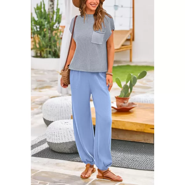 PRETTYGARDEN Womens Two Piece Outfits Sweater Sets Knit Pullover Tops And High Waisted Pants Matching Tracksuit Sweatsuit SetSky Blue