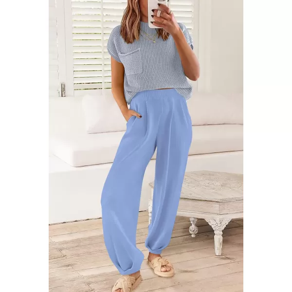 PRETTYGARDEN Womens Two Piece Outfits Sweater Sets Knit Pullover Tops And High Waisted Pants Matching Tracksuit Sweatsuit SetSky Blue