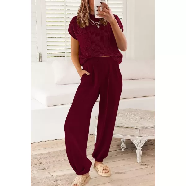 PRETTYGARDEN Womens Two Piece Outfits Sweater Sets Knit Pullover Tops And High Waisted Pants Matching Tracksuit Sweatsuit SetWine Red