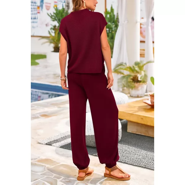 PRETTYGARDEN Womens Two Piece Outfits Sweater Sets Knit Pullover Tops And High Waisted Pants Matching Tracksuit Sweatsuit SetWine Red