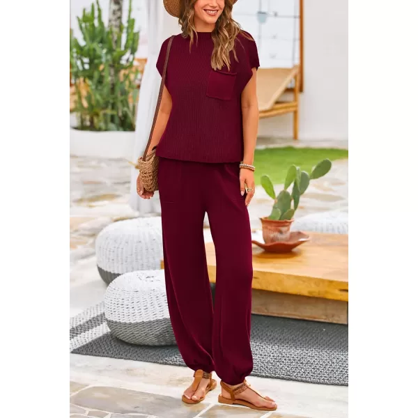 PRETTYGARDEN Womens Two Piece Outfits Sweater Sets Knit Pullover Tops And High Waisted Pants Matching Tracksuit Sweatsuit SetWine Red