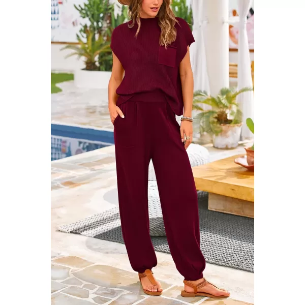 PRETTYGARDEN Womens Two Piece Outfits Sweater Sets Knit Pullover Tops And High Waisted Pants Matching Tracksuit Sweatsuit SetWine Red