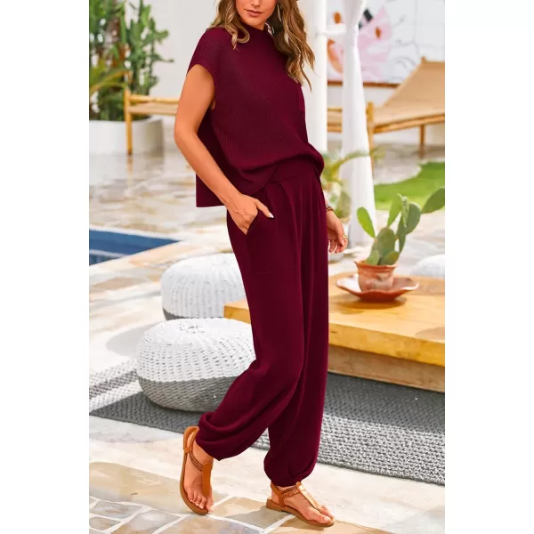 PRETTYGARDEN Womens Two Piece Outfits Sweater Sets Knit Pullover Tops And High Waisted Pants Matching Tracksuit Sweatsuit SetWine Red