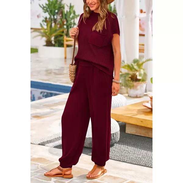 PRETTYGARDEN Womens Two Piece Outfits Sweater Sets Knit Pullover Tops And High Waisted Pants Matching Tracksuit Sweatsuit SetWine Red