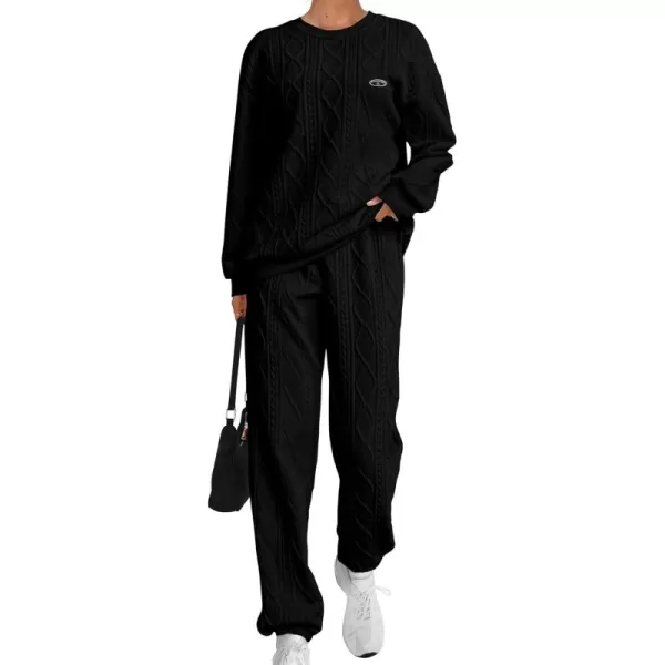 PRETTYGARDEN Lounge Sets for Women Fall 2024 Matching Sets Clothing 2 Piece Outfits Long Sleeve Tracksuit Textured SetsBlack