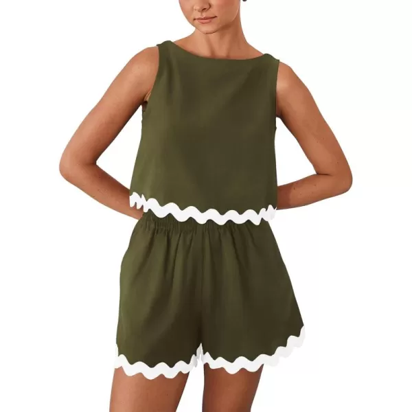 PRETTYGARDEN Womens 2 Piece Beach Vacation Outfits Casual Cropped Tank Top High Waist Shorts Set TracksuitArmy Green