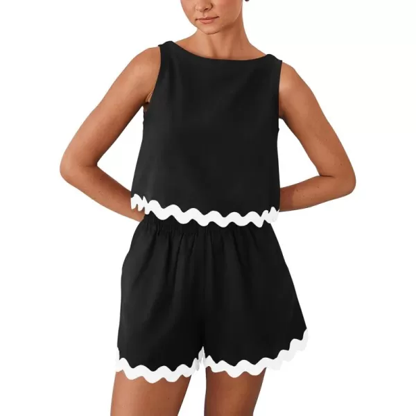 PRETTYGARDEN Womens 2 Piece Beach Vacation Outfits Casual Cropped Tank Top High Waist Shorts Set TracksuitBlack