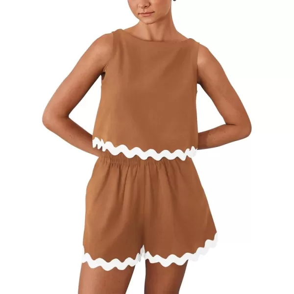 PRETTYGARDEN Womens 2 Piece Beach Vacation Outfits Casual Cropped Tank Top High Waist Shorts Set TracksuitBrown