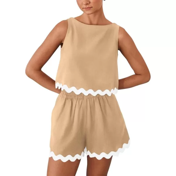 PRETTYGARDEN Womens 2 Piece Beach Vacation Outfits Casual Cropped Tank Top High Waist Shorts Set TracksuitKhaki