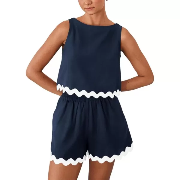PRETTYGARDEN Womens 2 Piece Beach Vacation Outfits Casual Cropped Tank Top High Waist Shorts Set TracksuitNavy