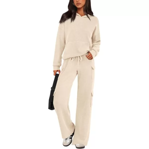 PRETTYGARDEN Womens 2 Piece Lounge Sets 2024 Fall Knitted Hoodie Pullover Tops Cargo Pants Matching Outfits TracksuitsBeige
