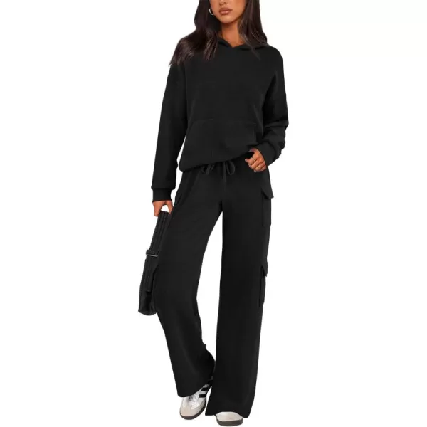 PRETTYGARDEN Womens 2 Piece Lounge Sets 2024 Fall Knitted Hoodie Pullover Tops Cargo Pants Matching Outfits TracksuitsBlack
