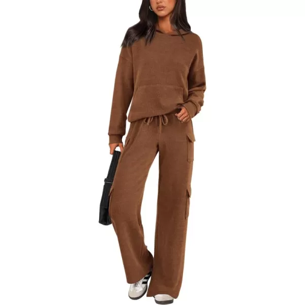 PRETTYGARDEN Womens 2 Piece Lounge Sets 2024 Fall Knitted Hoodie Pullover Tops Cargo Pants Matching Outfits TracksuitsBrown