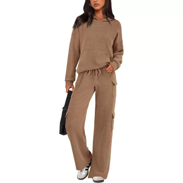 PRETTYGARDEN Womens 2 Piece Lounge Sets 2024 Fall Knitted Hoodie Pullover Tops Cargo Pants Matching Outfits TracksuitsCamel