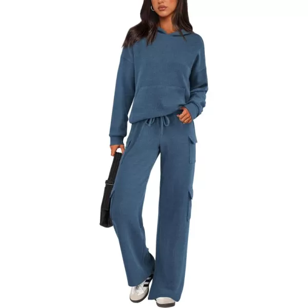PRETTYGARDEN Womens 2 Piece Lounge Sets 2024 Fall Knitted Hoodie Pullover Tops Cargo Pants Matching Outfits TracksuitsDark Blue