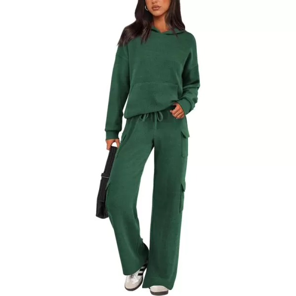 PRETTYGARDEN Womens 2 Piece Lounge Sets 2024 Fall Knitted Hoodie Pullover Tops Cargo Pants Matching Outfits TracksuitsGreen