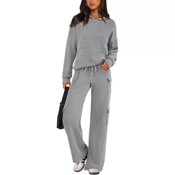 PRETTYGARDEN Womens 2 Piece Lounge Sets 2024 Fall Knitted Hoodie Pullover Tops Cargo Pants Matching Outfits TracksuitsGrey