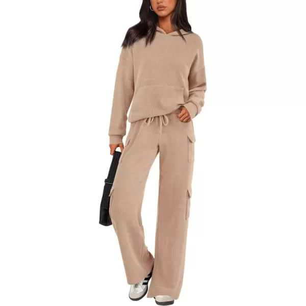 PRETTYGARDEN Womens 2 Piece Lounge Sets 2024 Fall Knitted Hoodie Pullover Tops Cargo Pants Matching Outfits TracksuitsLight Khaki