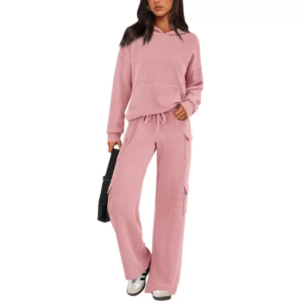 PRETTYGARDEN Womens 2 Piece Lounge Sets 2024 Fall Knitted Hoodie Pullover Tops Cargo Pants Matching Outfits TracksuitsLight Pink