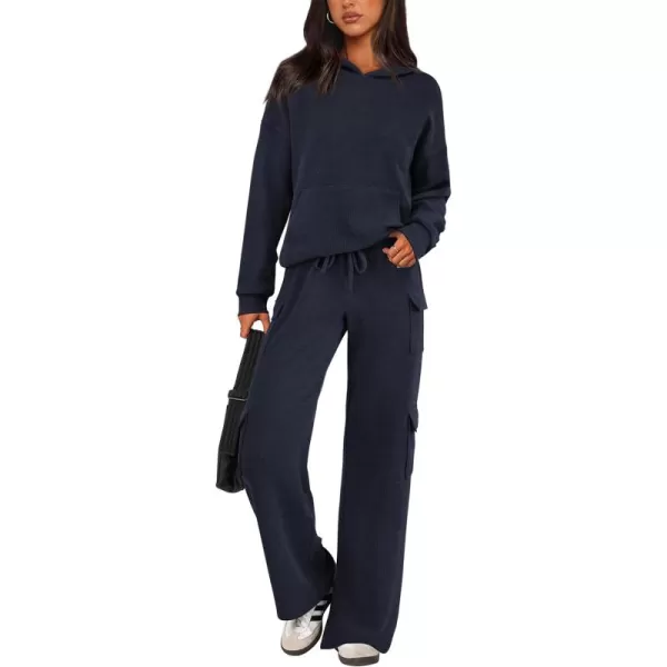 PRETTYGARDEN Womens 2 Piece Lounge Sets 2024 Fall Knitted Hoodie Pullover Tops Cargo Pants Matching Outfits TracksuitsNavy