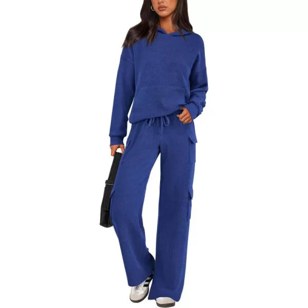 PRETTYGARDEN Womens 2 Piece Lounge Sets 2024 Fall Knitted Hoodie Pullover Tops Cargo Pants Matching Outfits TracksuitsRoyal Blue