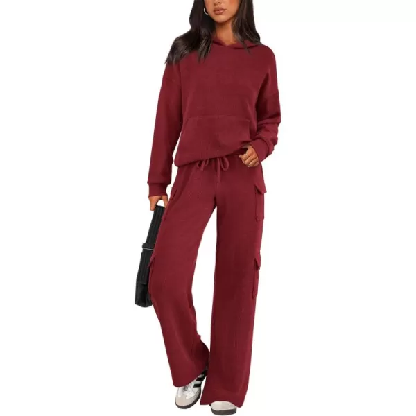 PRETTYGARDEN Womens 2 Piece Lounge Sets 2024 Fall Knitted Hoodie Pullover Tops Cargo Pants Matching Outfits TracksuitsWine Red