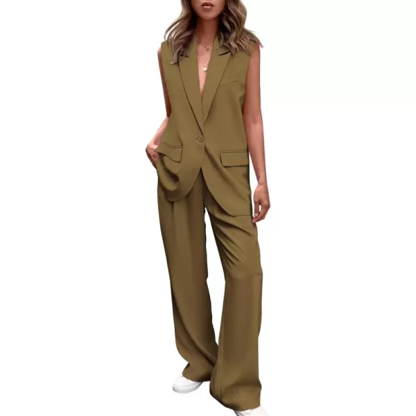 PRETTYGARDEN Womens 2 Piece Outfits Sleeveless Suit Vest and Wide Leg Pants Business Casual Blazer SetsArmy Green