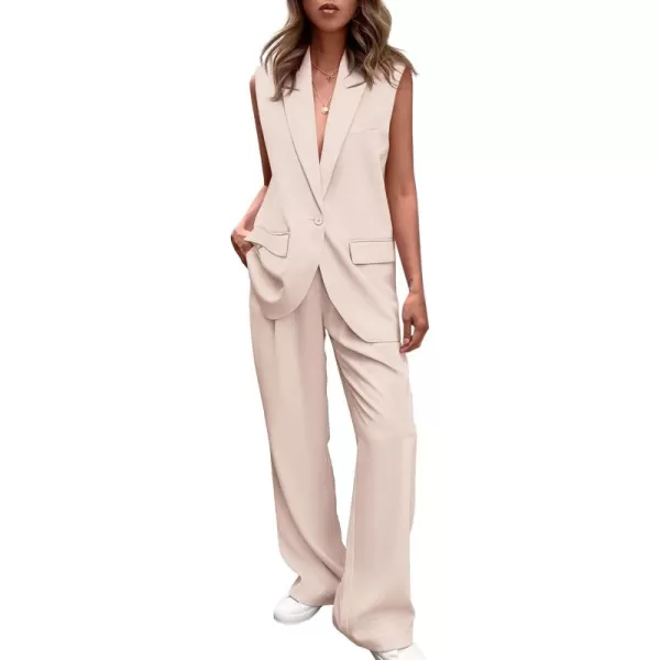 PRETTYGARDEN Womens 2 Piece Outfits Sleeveless Suit Vest and Wide Leg Pants Business Casual Blazer SetsBeige
