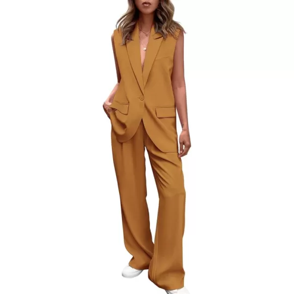 PRETTYGARDEN Womens 2 Piece Outfits Sleeveless Suit Vest and Wide Leg Pants Business Casual Blazer SetsBrown Yellow