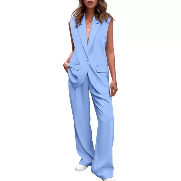 PRETTYGARDEN Womens 2 Piece Outfits Sleeveless Suit Vest and Wide Leg Pants Business Casual Blazer SetsLight Blue